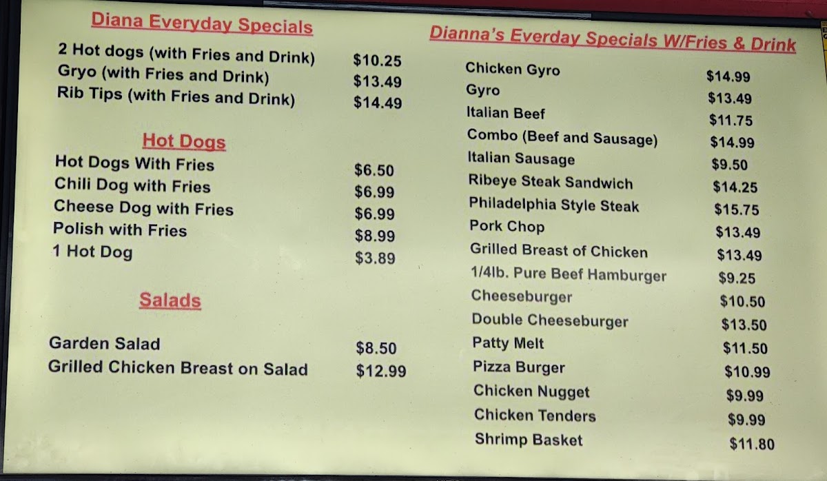 Diana's Red Hots Menu - Image 1